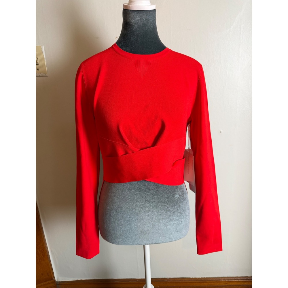 Per Se Red Knit Wrap Waist Tie Long Sleeve Top M quiet luxury Cropped old money